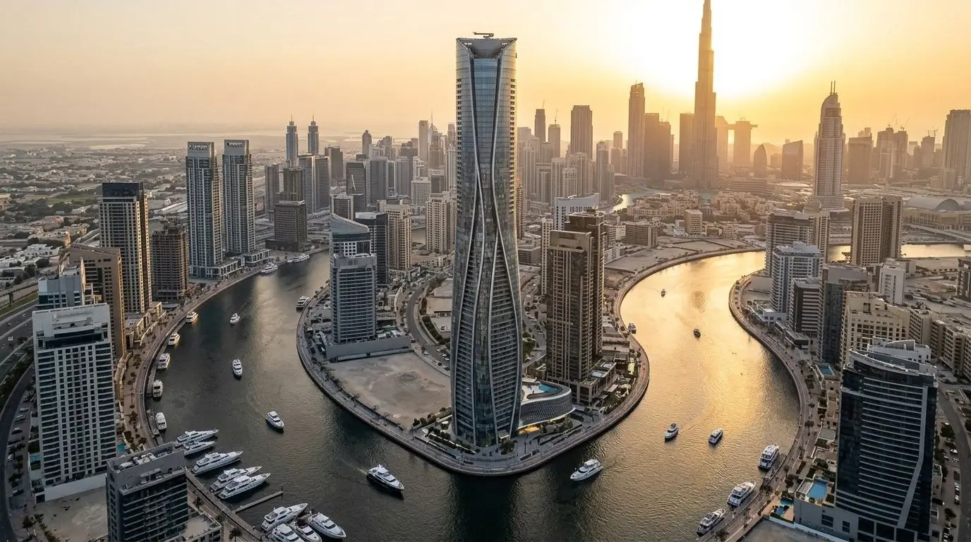 Rzeźbiarska wieża Waldorf Astoria Residences Dubai nad kanałem w Business Bay o zachodzie słońca
