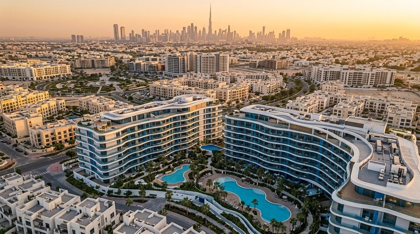 Niska rezydencja Avana Residences o morskiej stylistyce w JVC o zachodzie słońca