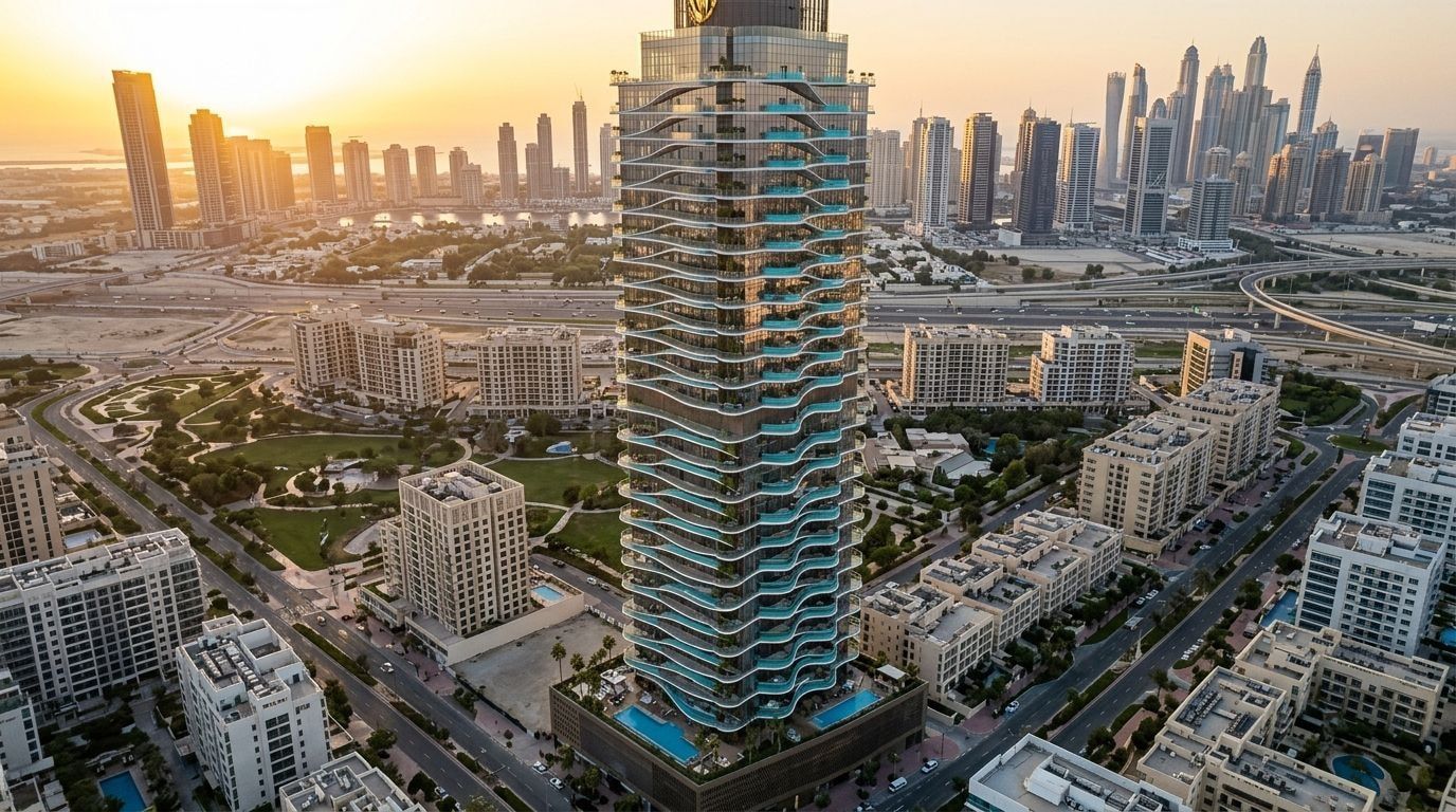 Lotniczy widok wieży Volga Tower w JVT o zachodzie słońca