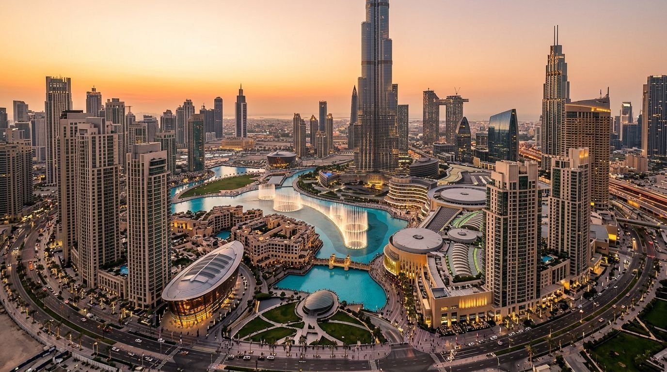 Panorama Downtown Dubai z Burj Khalifa o zachodzie słońca