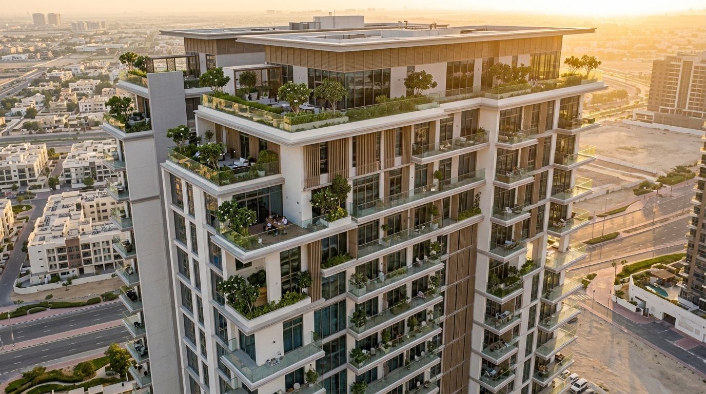 Zielona 21-piętrowa wieża Eden by Meraki w Dubai Production City o zachodzie słońca