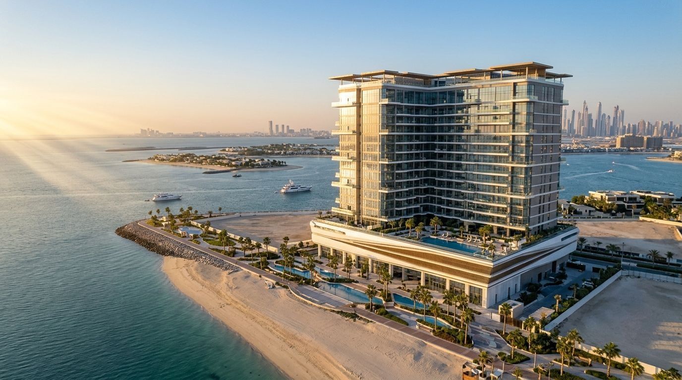 Nadmorska wieża Seaside na Dubai Islands z widokiem na morze o zachodzie słońca