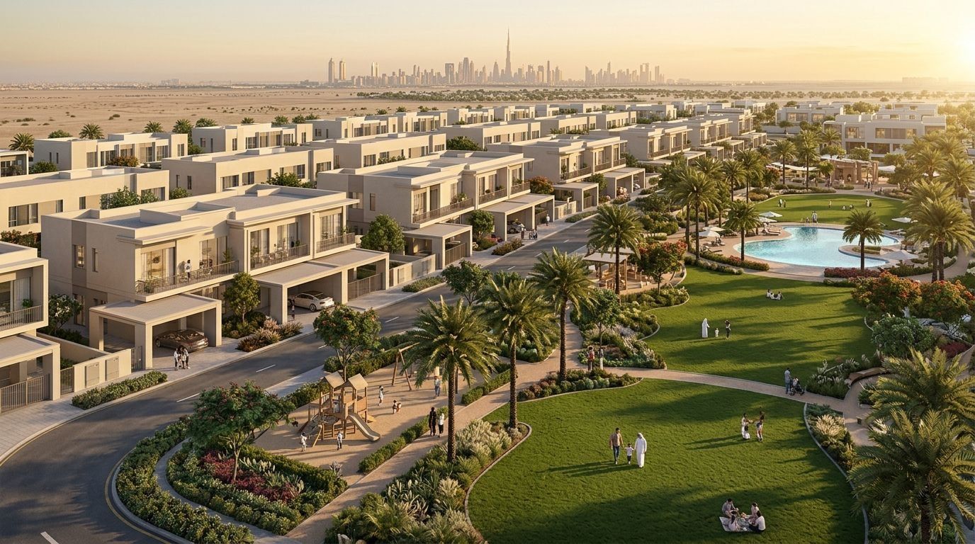 Zielona społeczność domów The Valley by Emaar z otwartymi przestrzeniami o zachodzie słońca