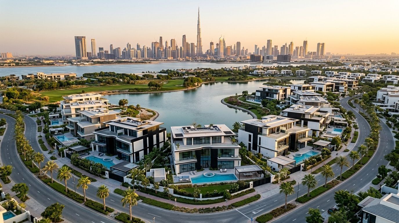 Ultraluksusowe wille Karl Lagerfeld w Meydan MBR City o zachodzie słońca