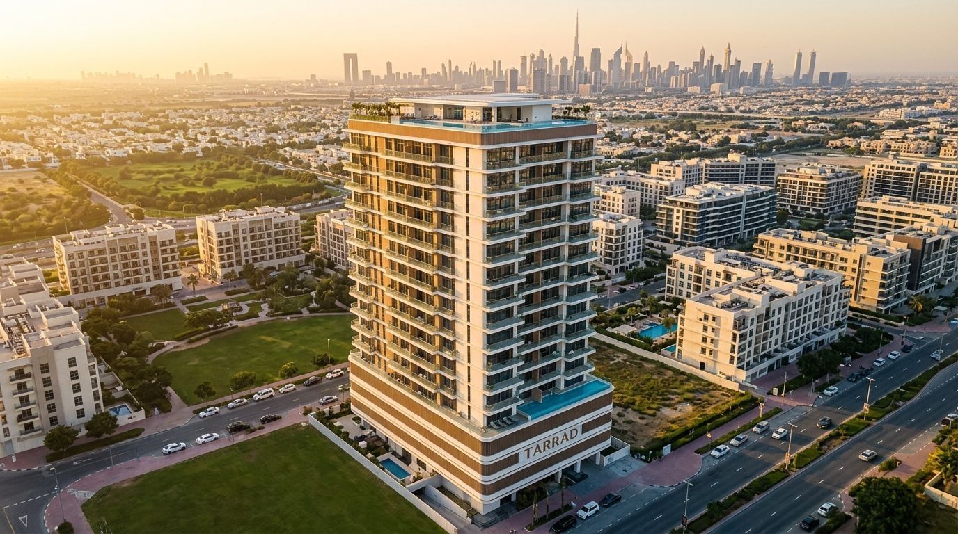 Nowoczesna wieża Celesto Tower w Dubai Land Residence Complex o zachodzie słońca