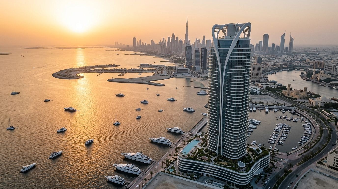 Nadmorska wieża Saria na wybrzeżu Jumeirah przy Dubai Maritime City o zachodzie słońca