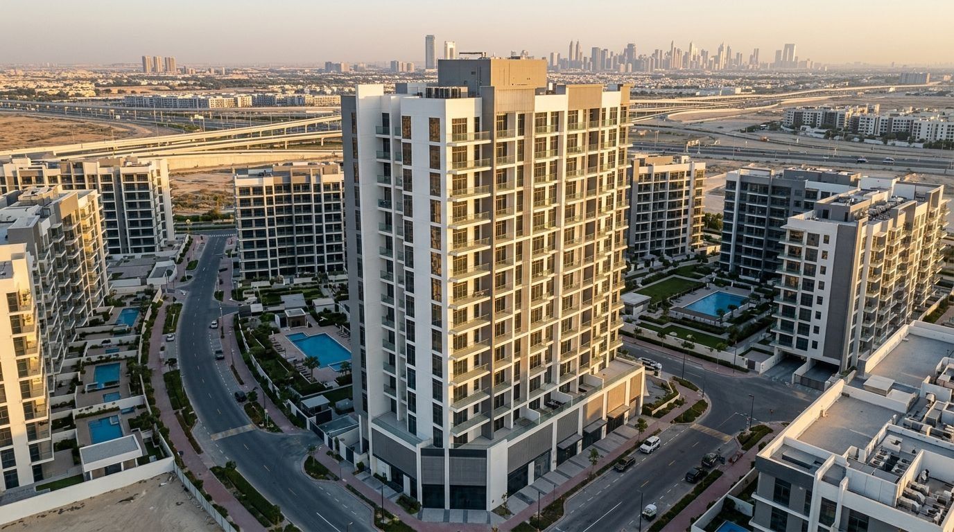 Lotniczy widok nowoczesnego budynku AG Central w Dubailand Residence Complex o zachodzie słońca