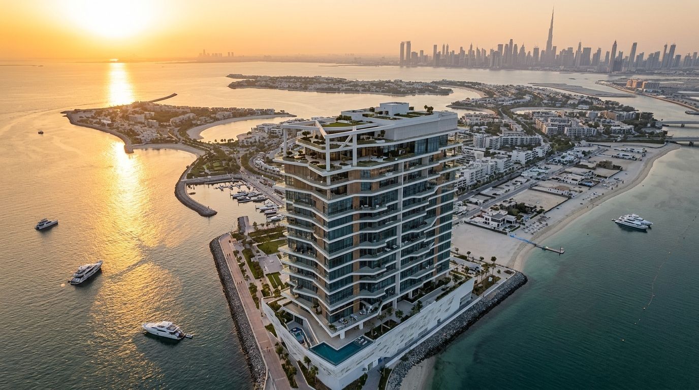 Nadmorska wieża Coastal Haven na Dubai Islands z widokiem na morze o zachodzie słońca