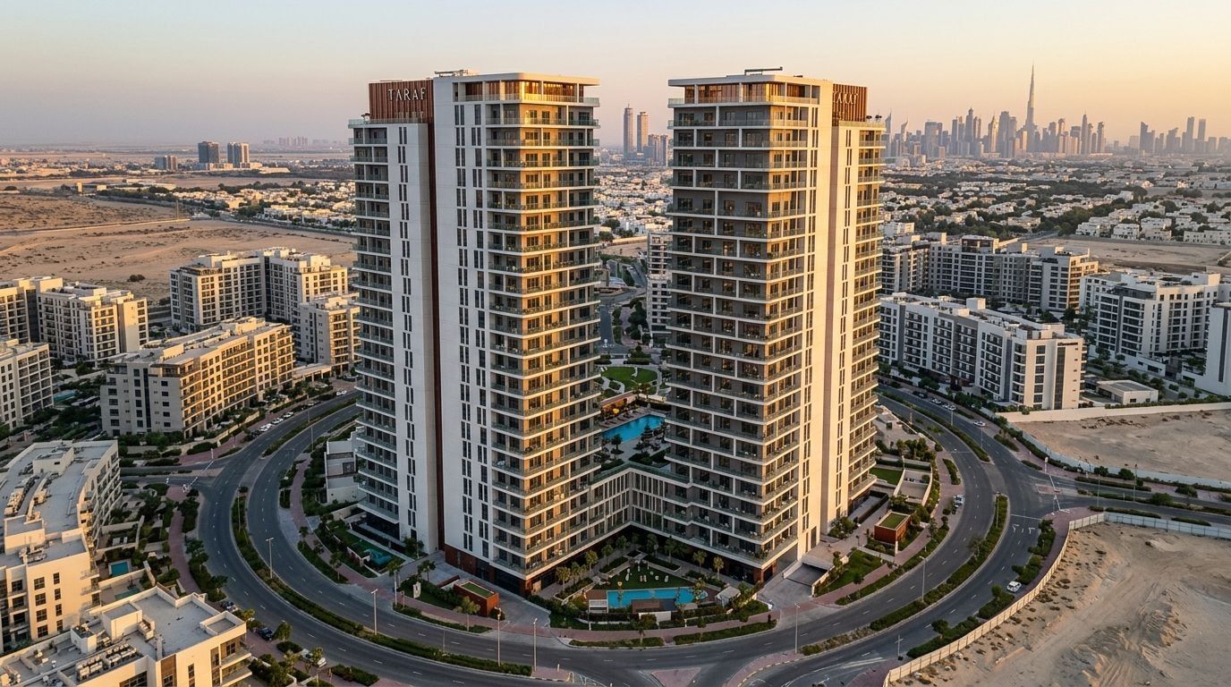 Bliźniacze wieże Cello w Jumeirah Village Circle o zachodzie słońca