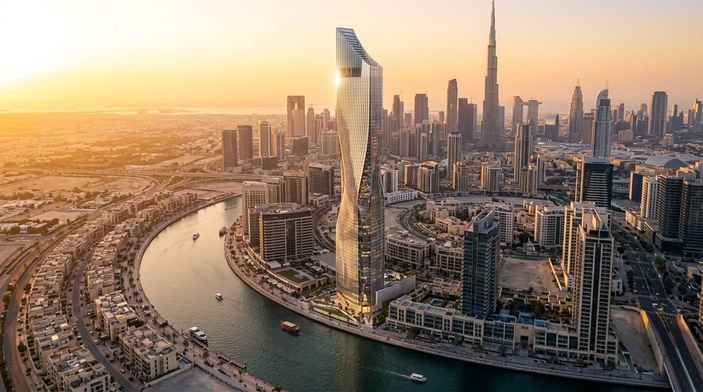Ultrawysoka wieża Tiger Sky Tower w Business Bay przy kanale o zachodzie słońca