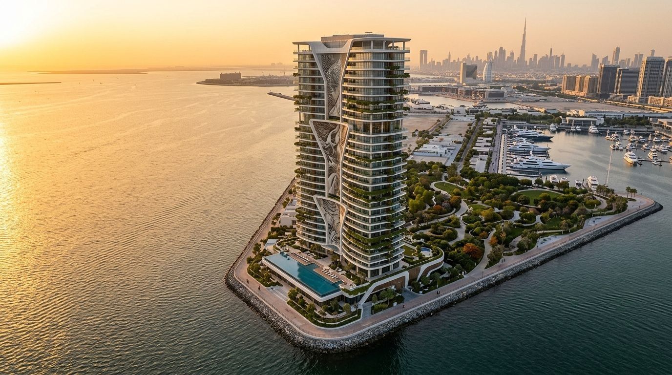 Nadmorska wieża The Mural na cyplu Dubai Maritime City o zachodzie słońca
