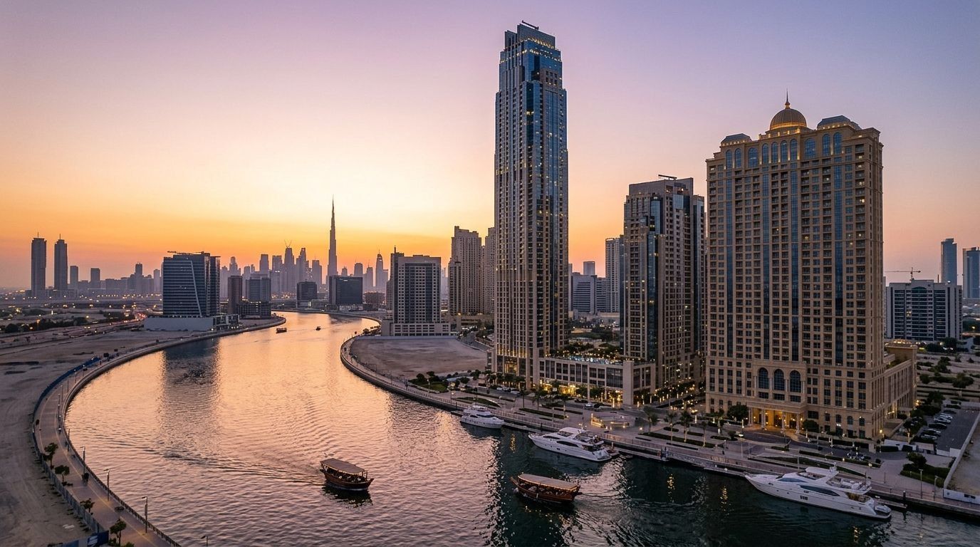 Wieża Noora Tower w Al Habtoor City nad Dubai Water Canal o zachodzie słońca