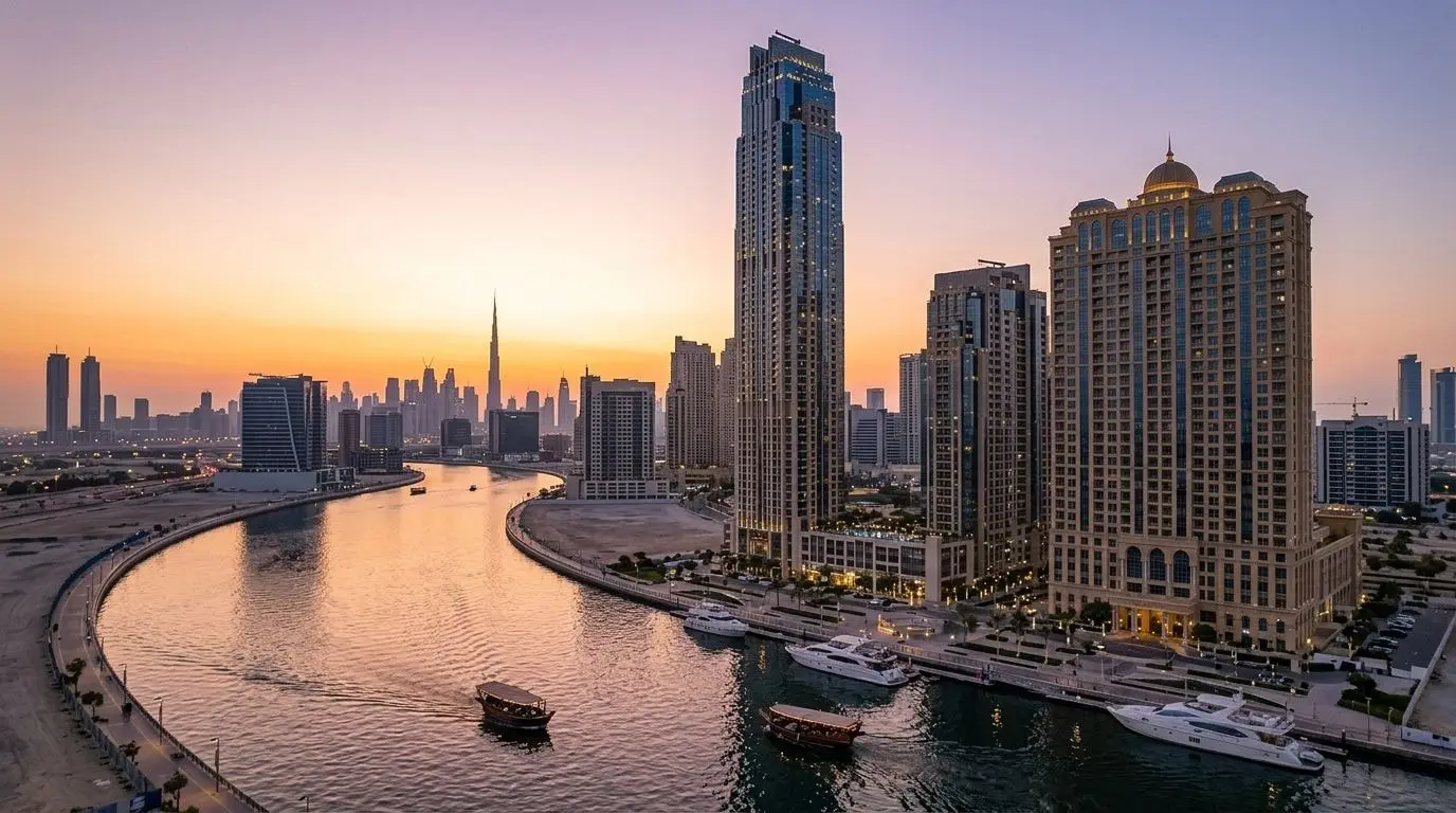Wieża Noora Tower w Al Habtoor City nad Dubai Water Canal o zachodzie słońca