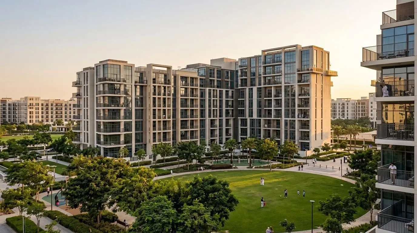 Niewysoki apartamentowiec UNA Apartments przy zielonym parku Town Square o zachodzie słońca
