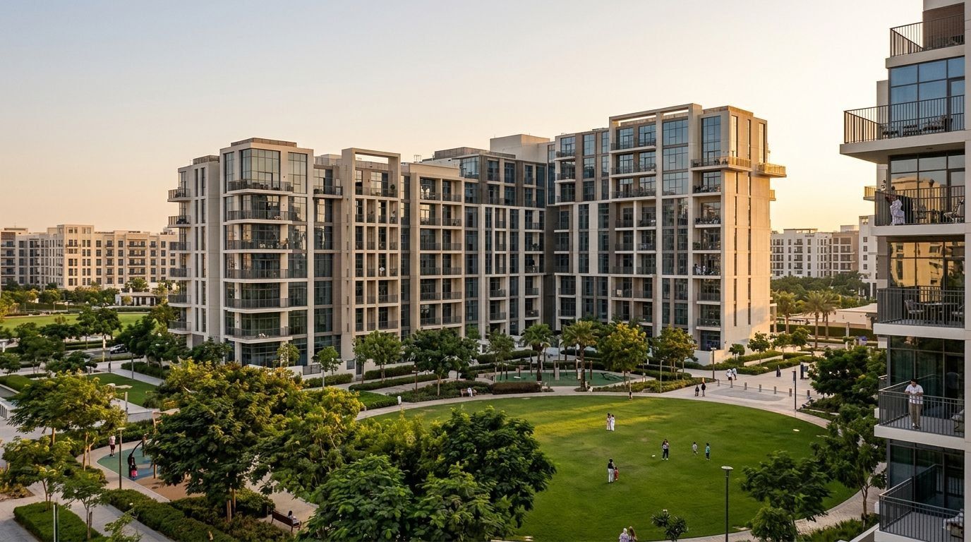 Niewysoki apartamentowiec UNA Apartments przy zielonym parku Town Square o zachodzie słońca