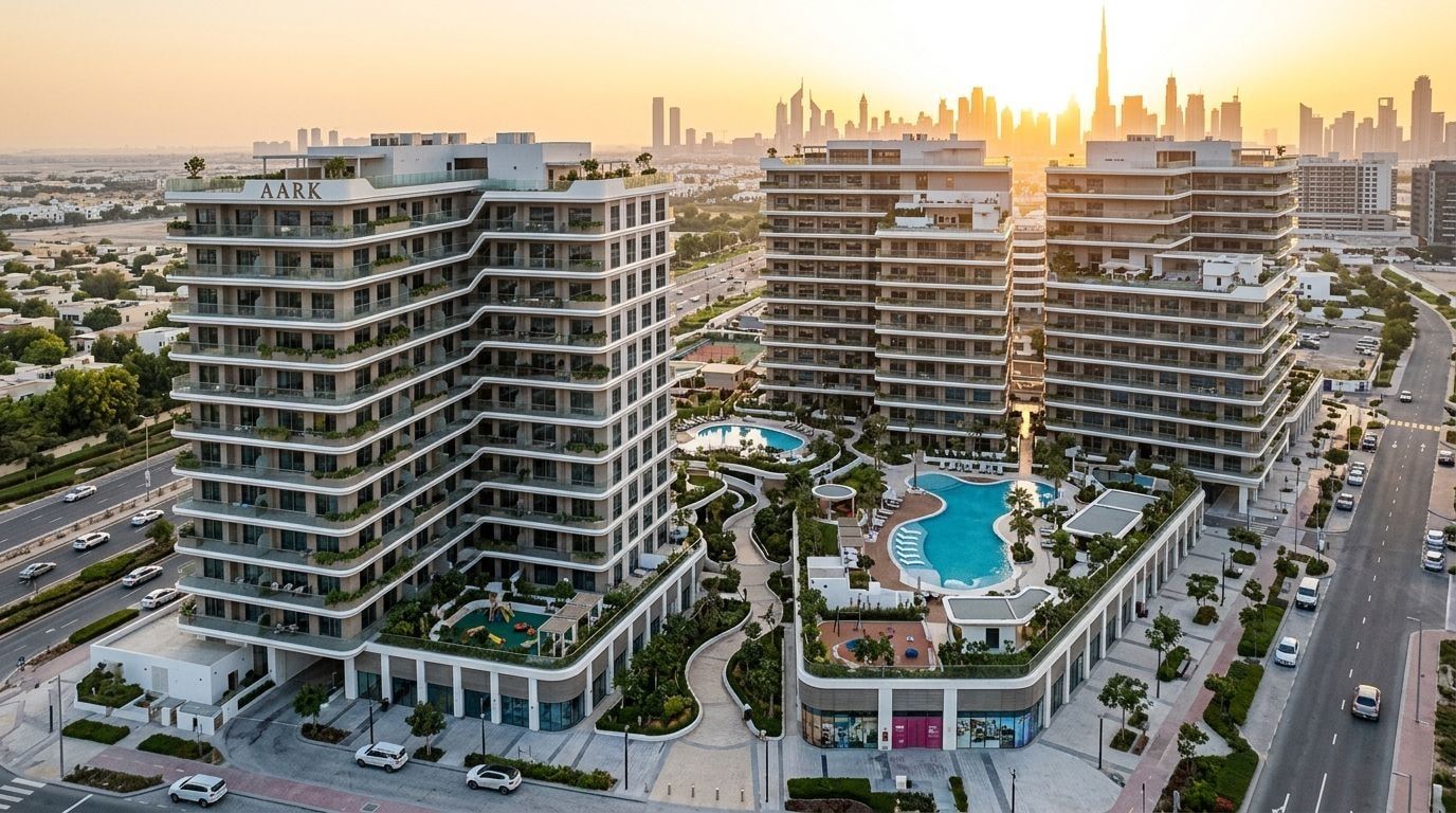 Lotniczy widok nowoczesnego budynku Aark Terraces w Dubailand o zachodzie słońca z zielonymi promenadami
