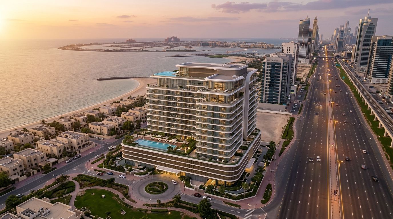Butikowy budynek 113 Residences w Al Sufouh nad morzem o zachodzie słońca