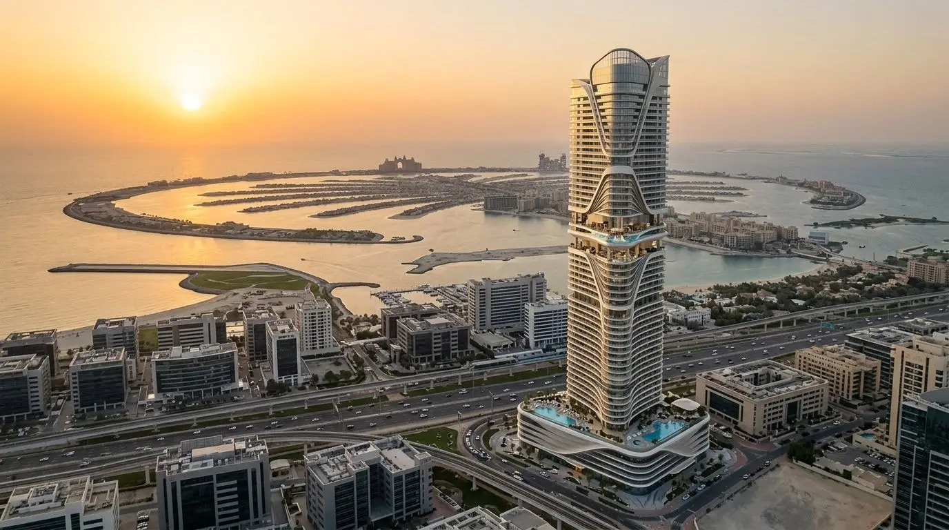 Ultra-luksusowa wieża Iconic Residences w Dubai Internet City z panoramą Palm Jumeirah o zachodzie słońca
