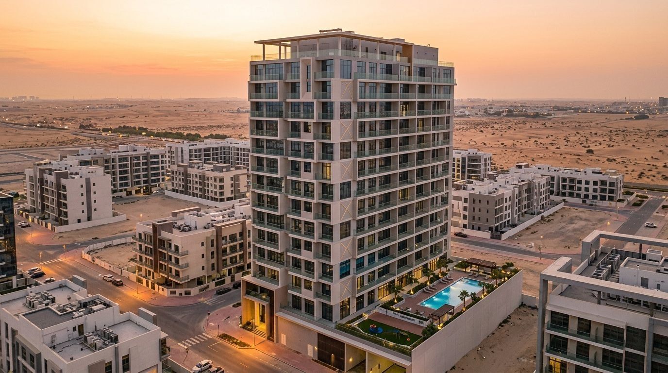 Lotniczy widok piętnastokondygnacyjnej wieży AG Ark Tower w Dubailand Residence Complex o zachodzie słońca