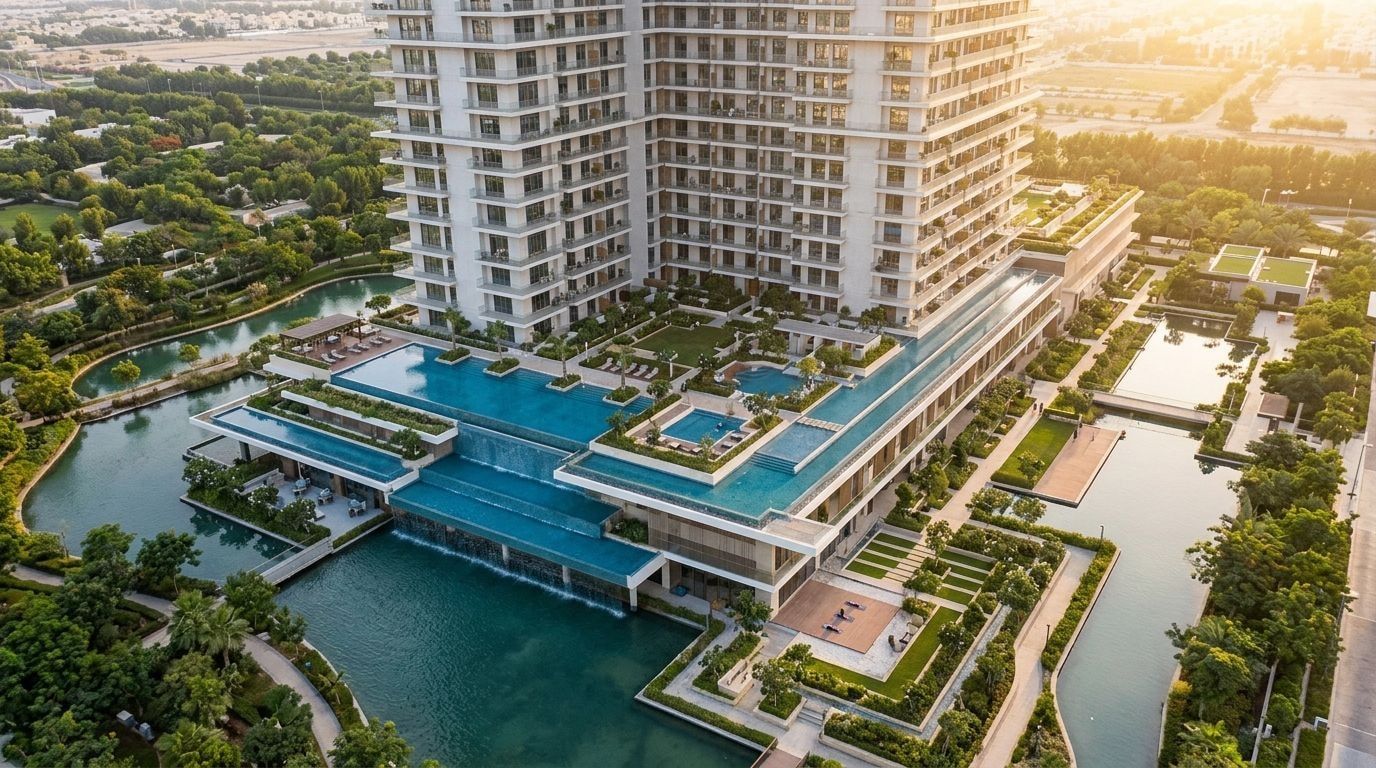 Budynek Sol Levante w Jumeirah Village Triangle otoczony zielenią o zachodzie słońca