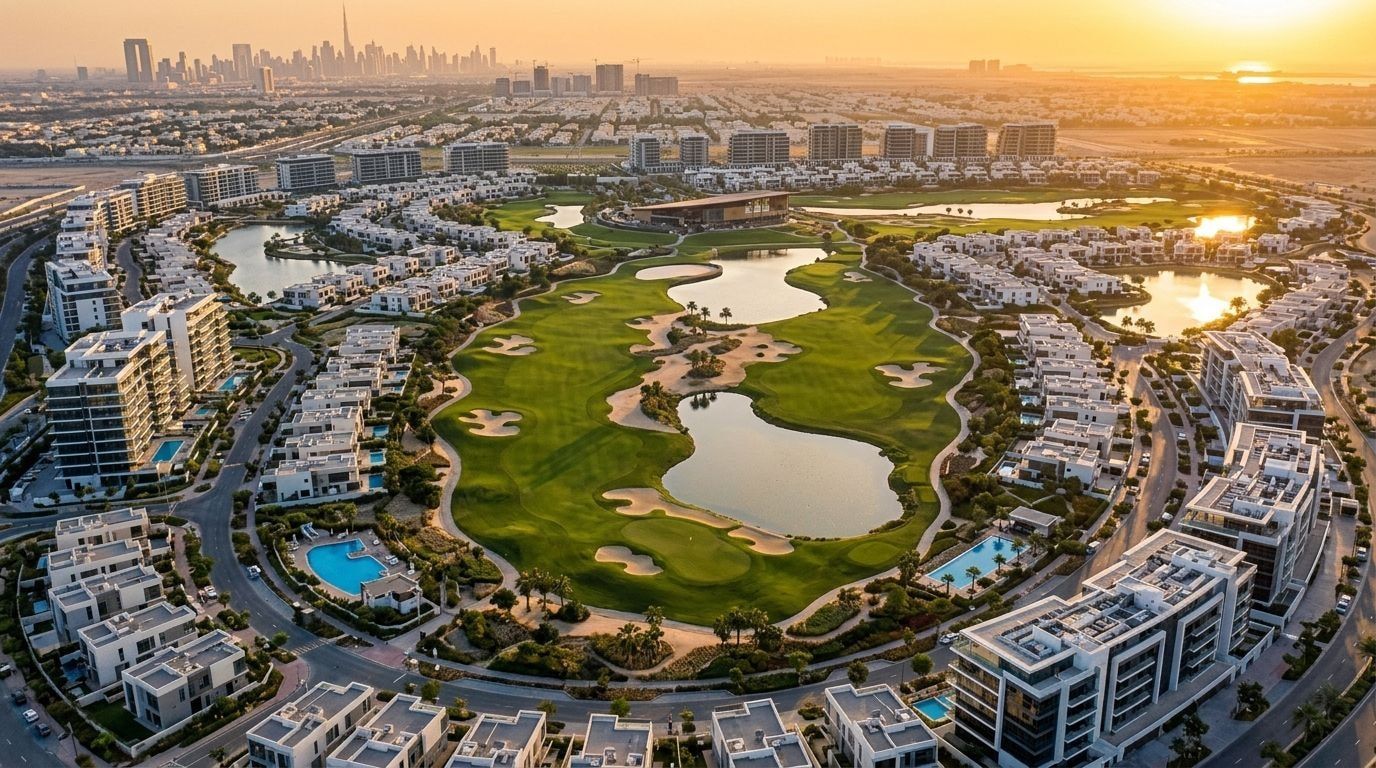 Lotniczy widok golfowej dzielnicy DAMAC Hills z willami, jeziorami i zielenią o zachodzie słońca