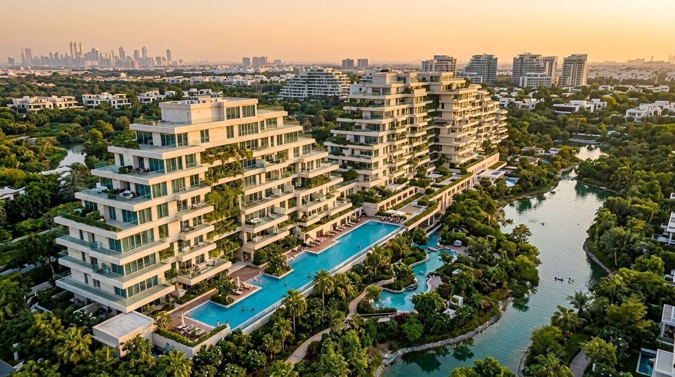 Zielone apartamentowce Seventh Heaven wśród ogrodów Al Barari o zachodzie słońca