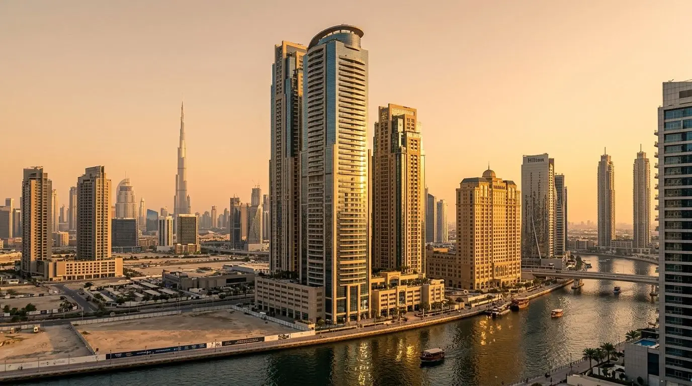 Wieża Meera Tower w Al Habtoor City nad Dubai Water Canal o zachodzie słońca
