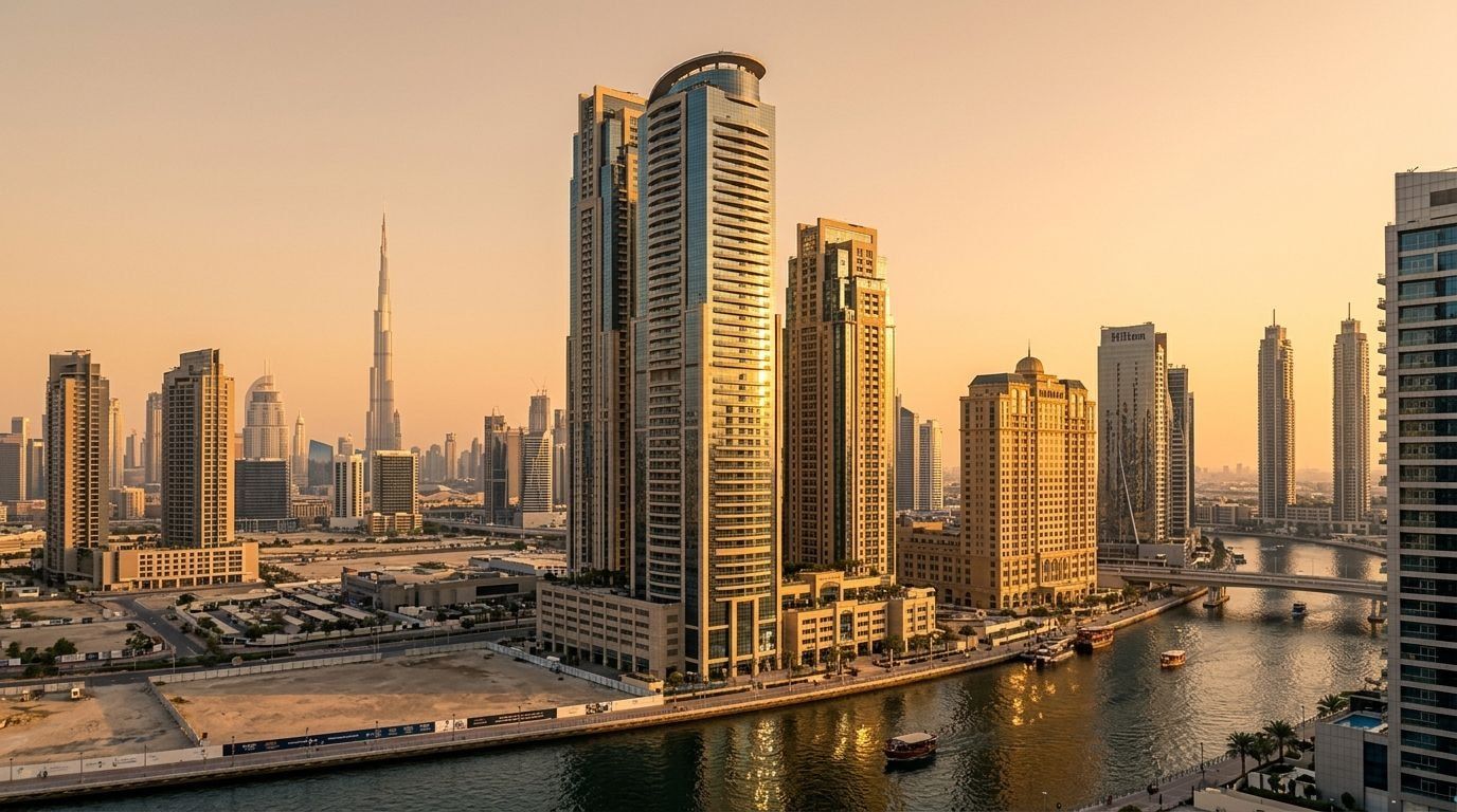 Wieża Meera Tower w Al Habtoor City nad Dubai Water Canal o zachodzie słońca