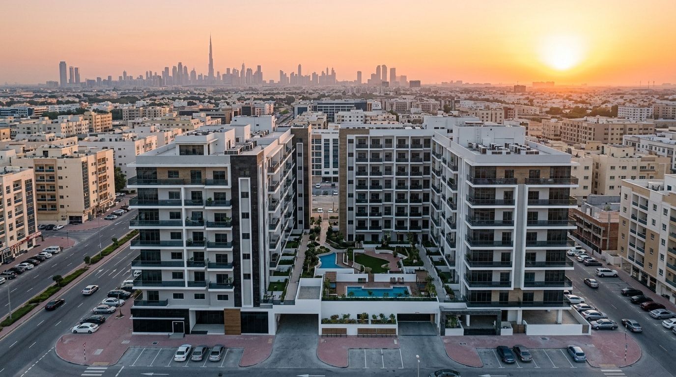 Lotniczy widok nowoczesnego apartamentowca Moonsa Residences w International City o zachodzie słońca