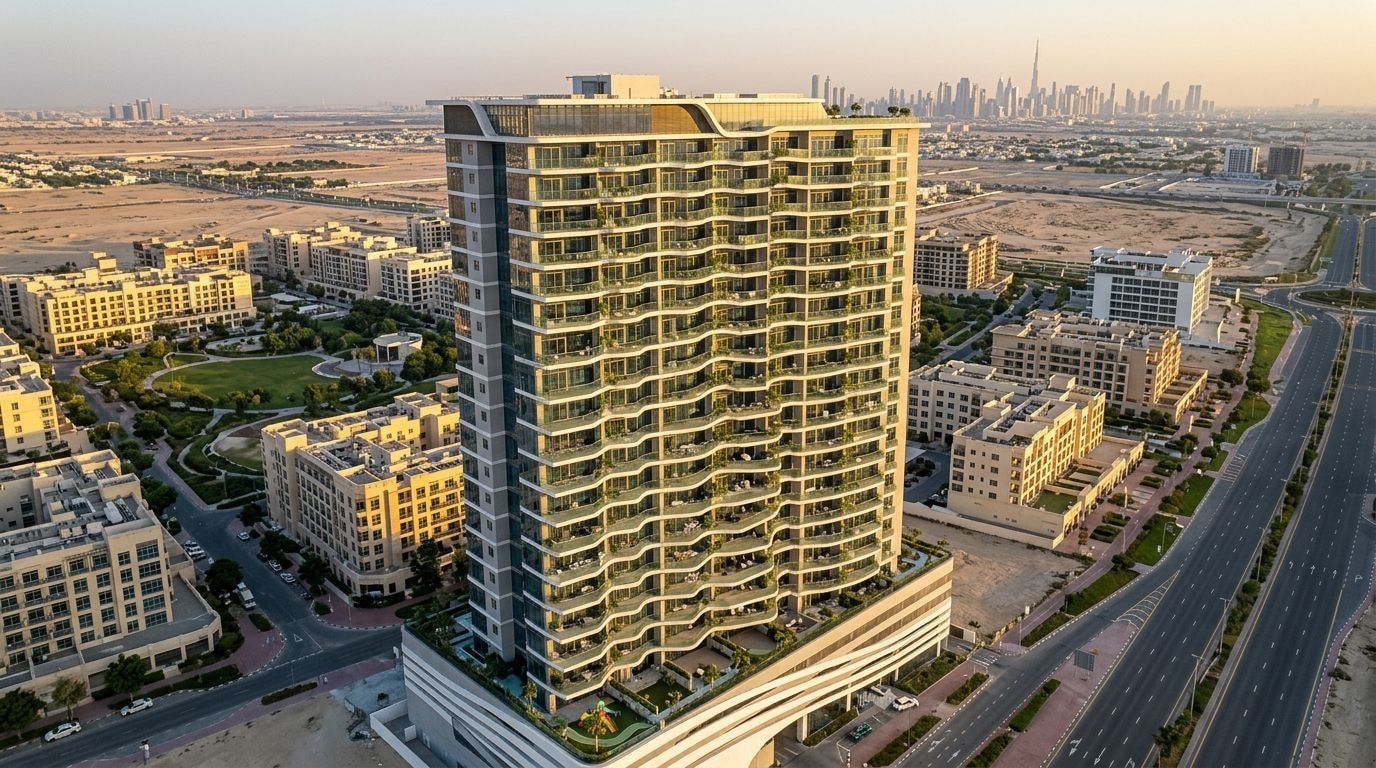 Dwudziestopiętrowa wieża REEF 998 w Dubailand o zachodzie słońca