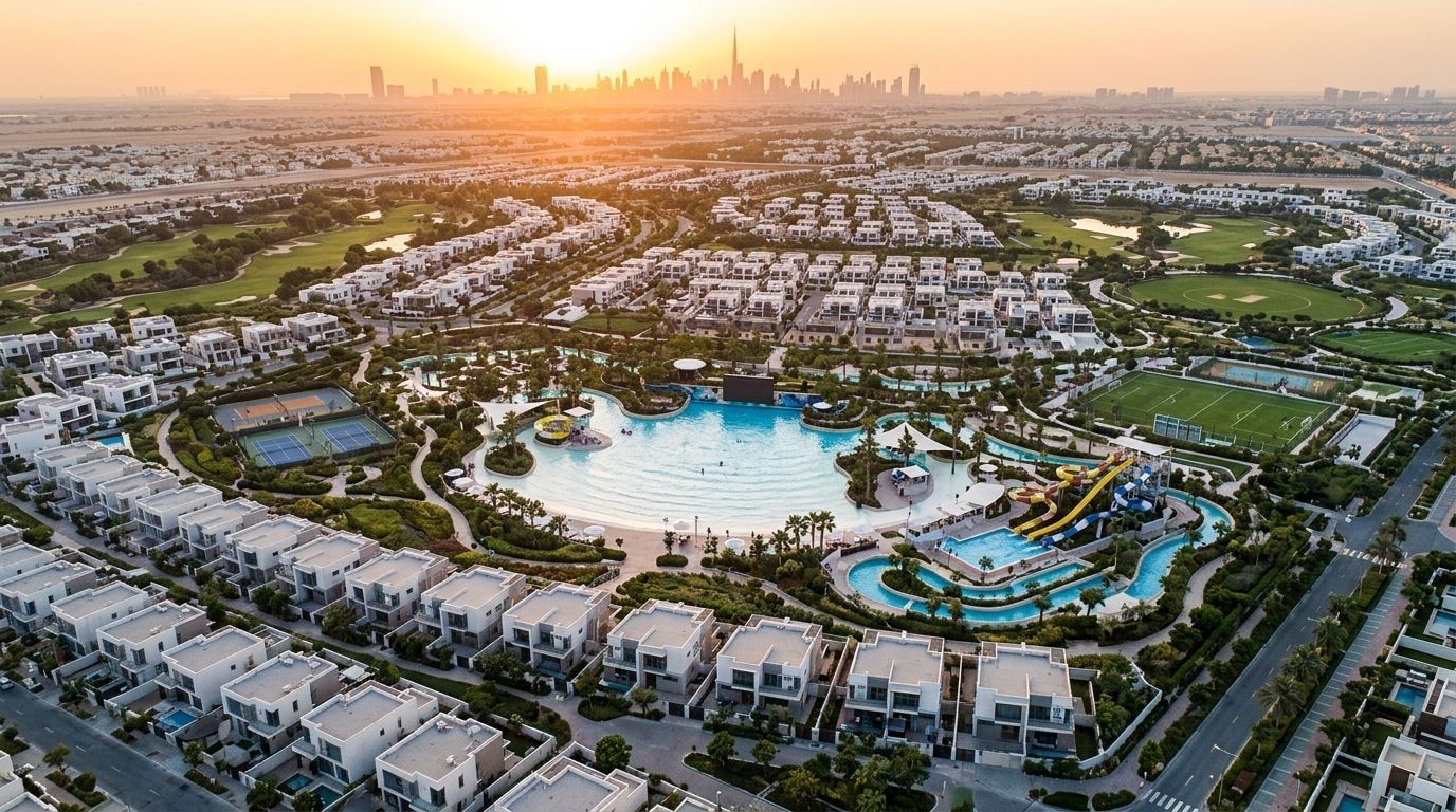 Lotniczy widok rodzinnej dzielnicy DAMAC Hills 2 ze strefami wodnymi i zielenią o zachodzie słońca