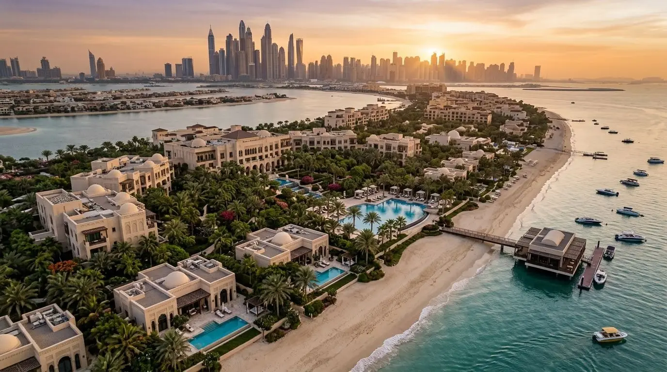 Lotniczy widok kameralnego, niskiego kurortu One&Only The Palm z palmowymi ogrodami na Palm Jumeirah o zachodzie słońca