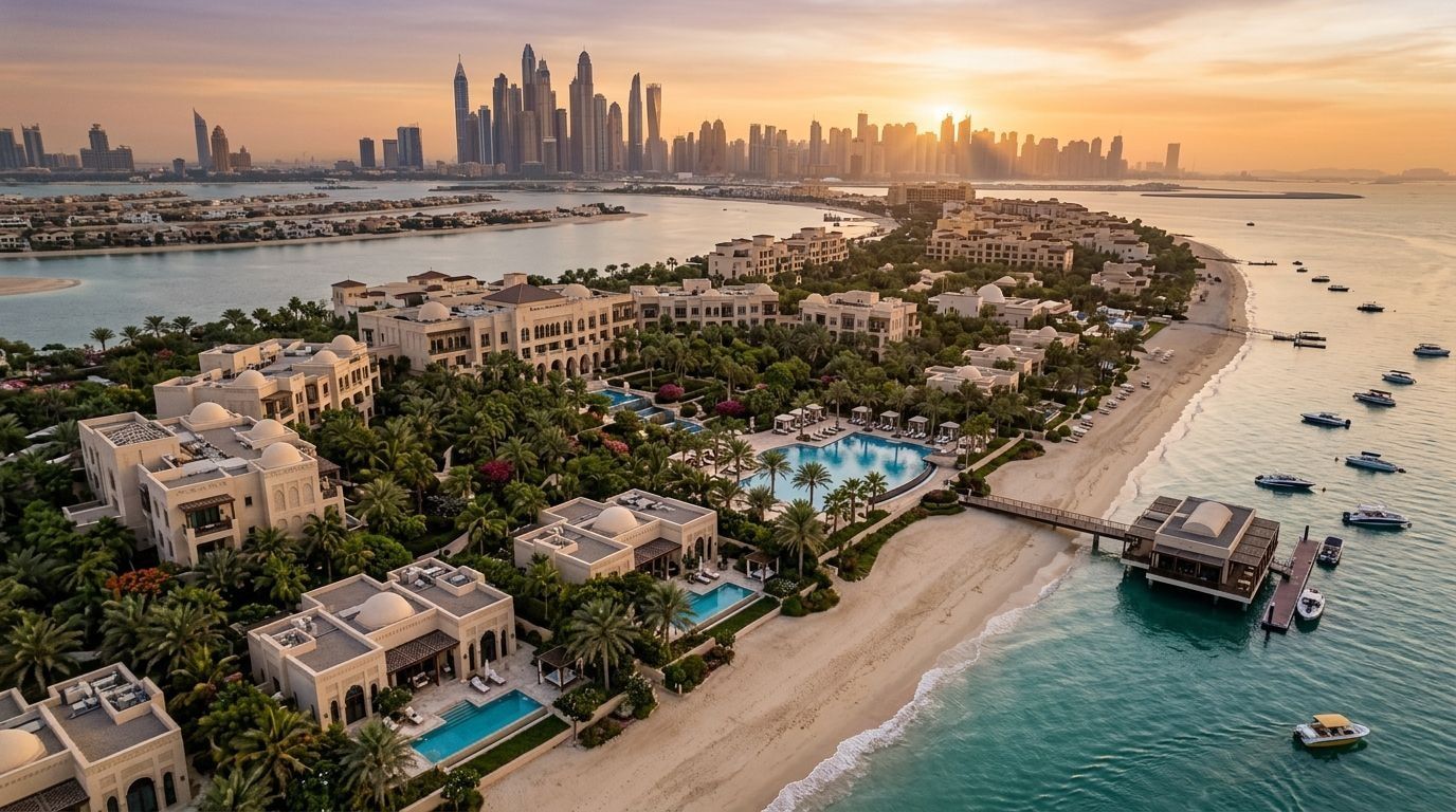 Lotniczy widok kameralnego, niskiego kurortu One&Only The Palm z palmowymi ogrodami na Palm Jumeirah o zachodzie słońca