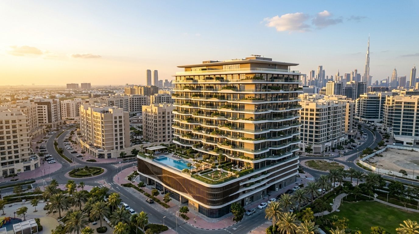 Nowoczesny budynek Vitality Residence w Jumeirah Village Circle o zachodzie słońca
