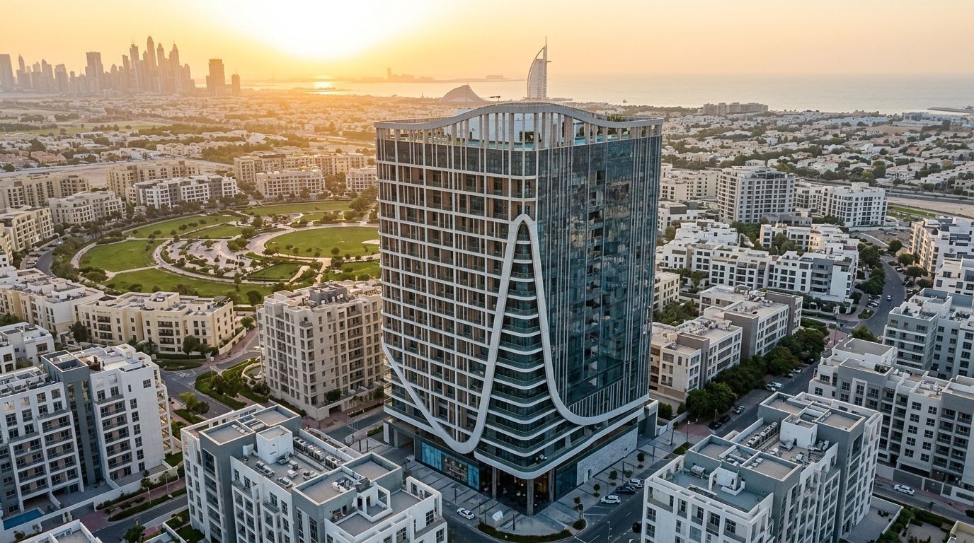 Lotniczy widok eleganckiej markowej wieży Empire Suites w JVC o zachodzie słońca
