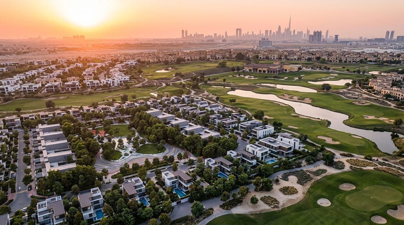 Luksusowe wille Jouri Hills przy polach golfowych w Jumeirah Golf Estates o zachodzie słońca