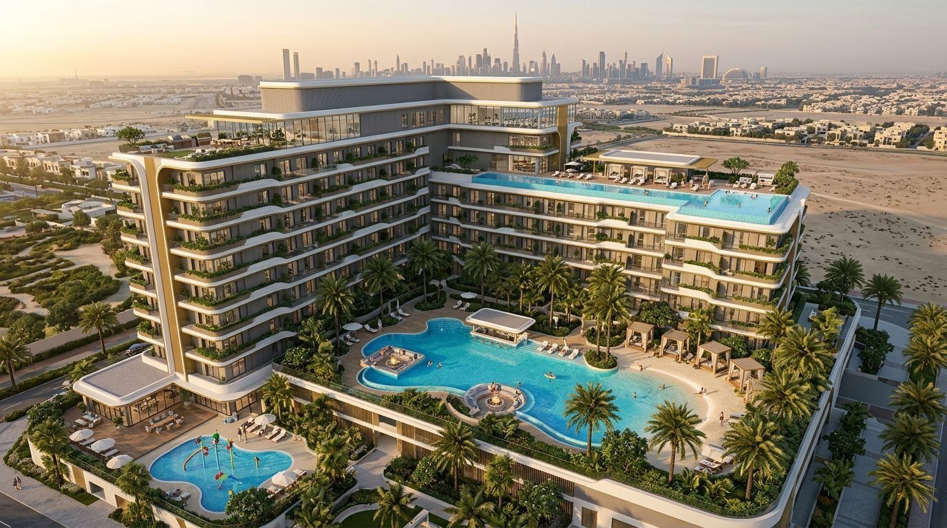 Butikowy budynek Cove Edition z basenem w Dubailand o zachodzie słońca