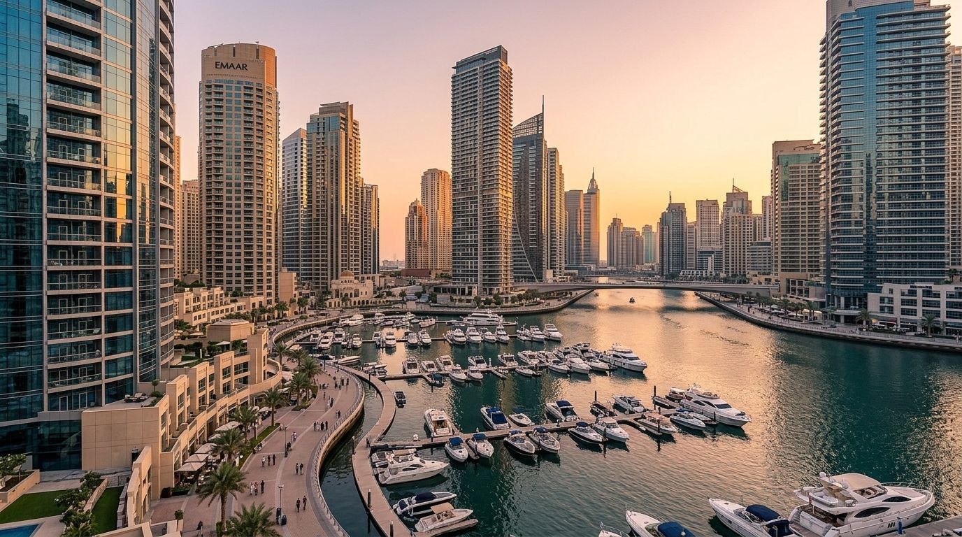 Panorama Dubai Marina z promenadą, jachtami i wieżowcami o zachodzie słońca