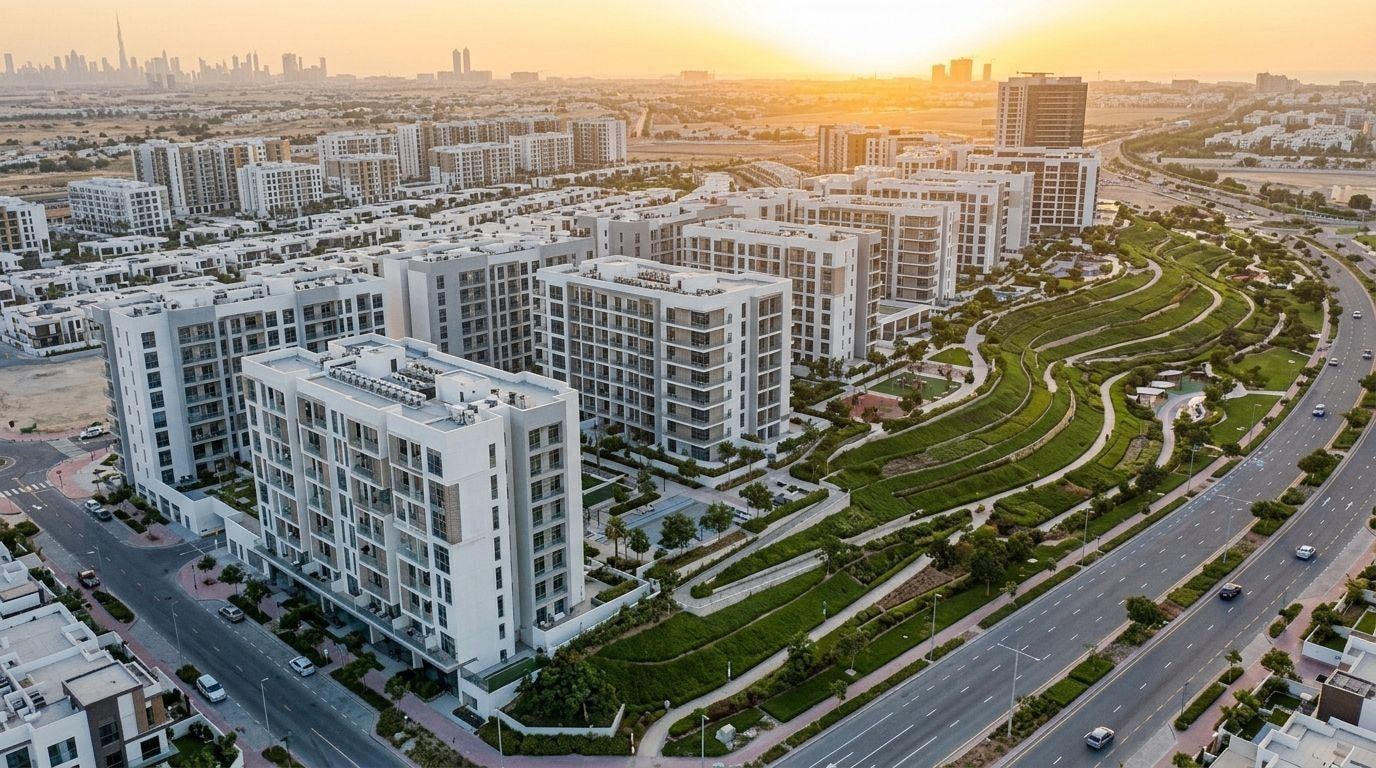 Lotniczy widok budynków Hillside Residences przy zielonym parku o zachodzie słońca