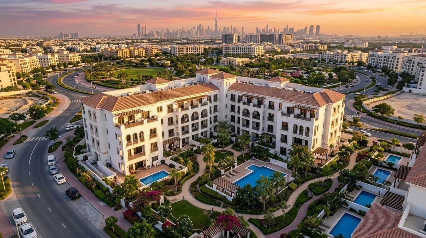Śródziemnomorski budynek La Villa Blanca w Jumeirah Village Circle o zachodzie słońca