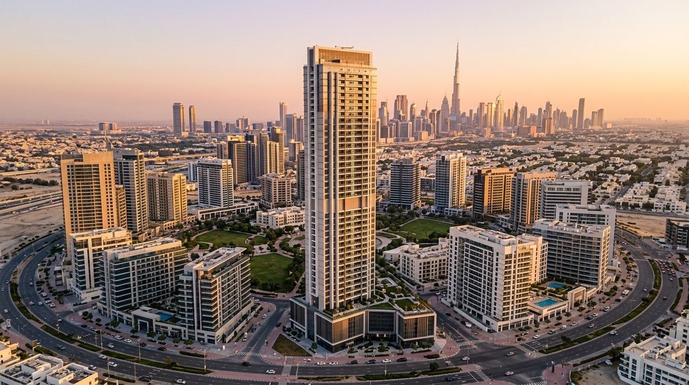 Nowoczesna wieża mieszkalna Treppan Living w Jumeirah Village Circle o zachodzie słońca