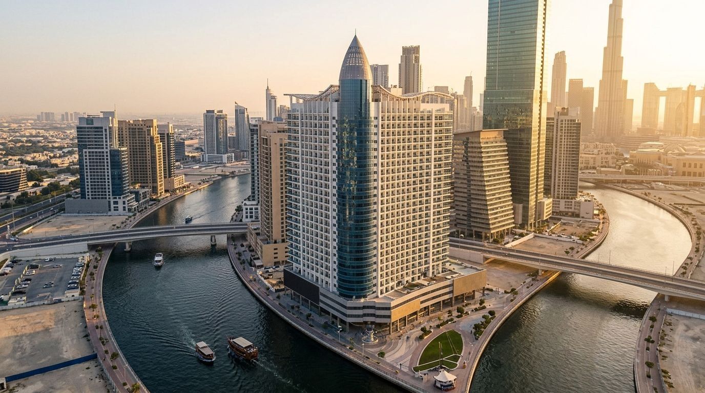 Lotniczy widok dwudziestodziewięciokondygnacyjnej wieży AG Tower w Business Bay nad kanałem Dubai Canal o zachodzie słońca