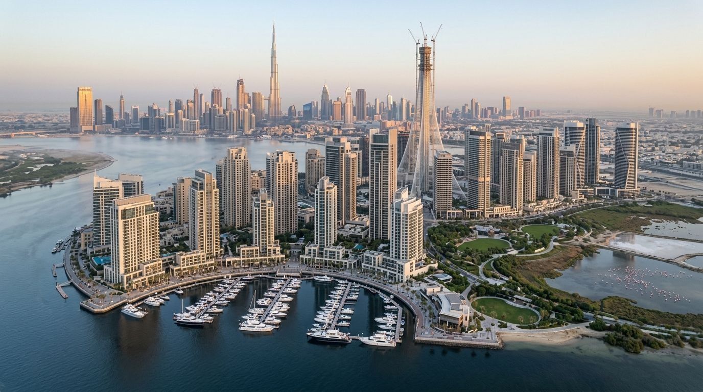 Lotniczy widok Dubai Creek Harbour z marina i panoramą Downtown Dubaju o poranku