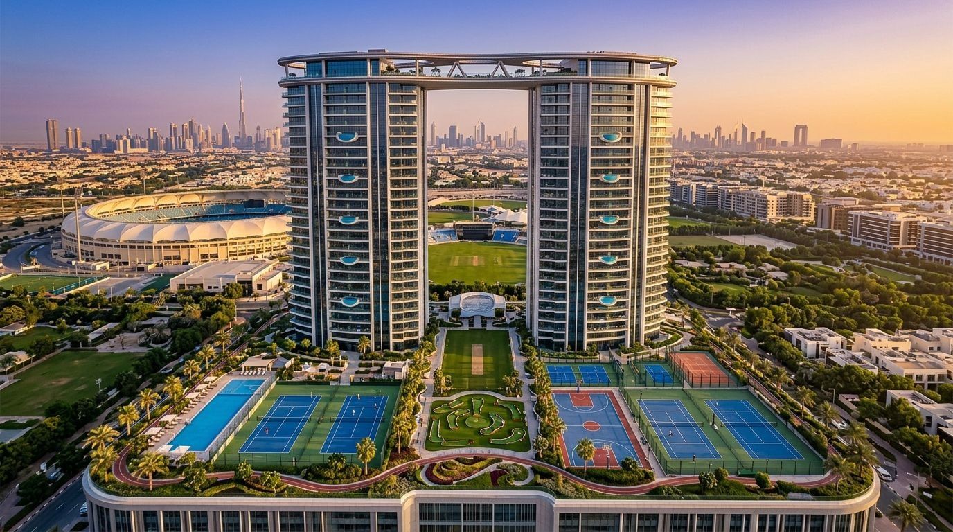 Lotniczy widok sportowych wież Danube Sportz przy Dubai Sports City o zachodzie słońca