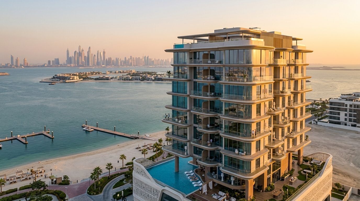 Nadmorski butikowy budynek Treppan Living Privé na Dubai Islands o zachodzie słońca