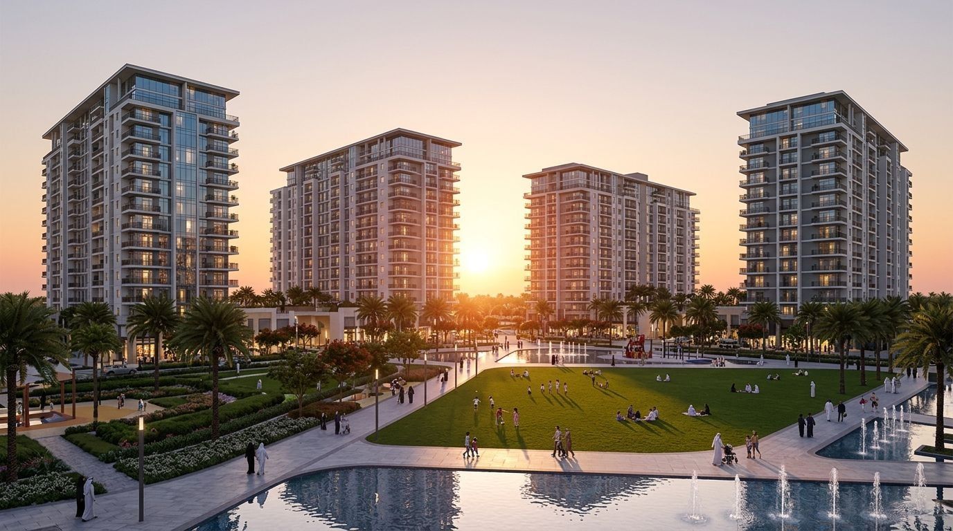 Cztery apartamentowce Rawda z widokiem na zielony park Town Square o zachodzie słońca