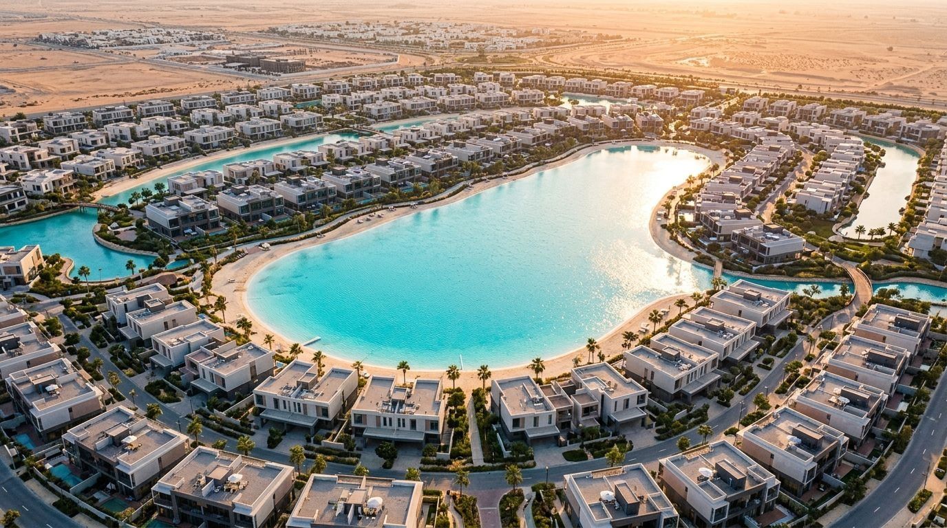 Wille wokół turkusowej laguny w The Pulse Beachfront w Dubai South o zachodzie słońca