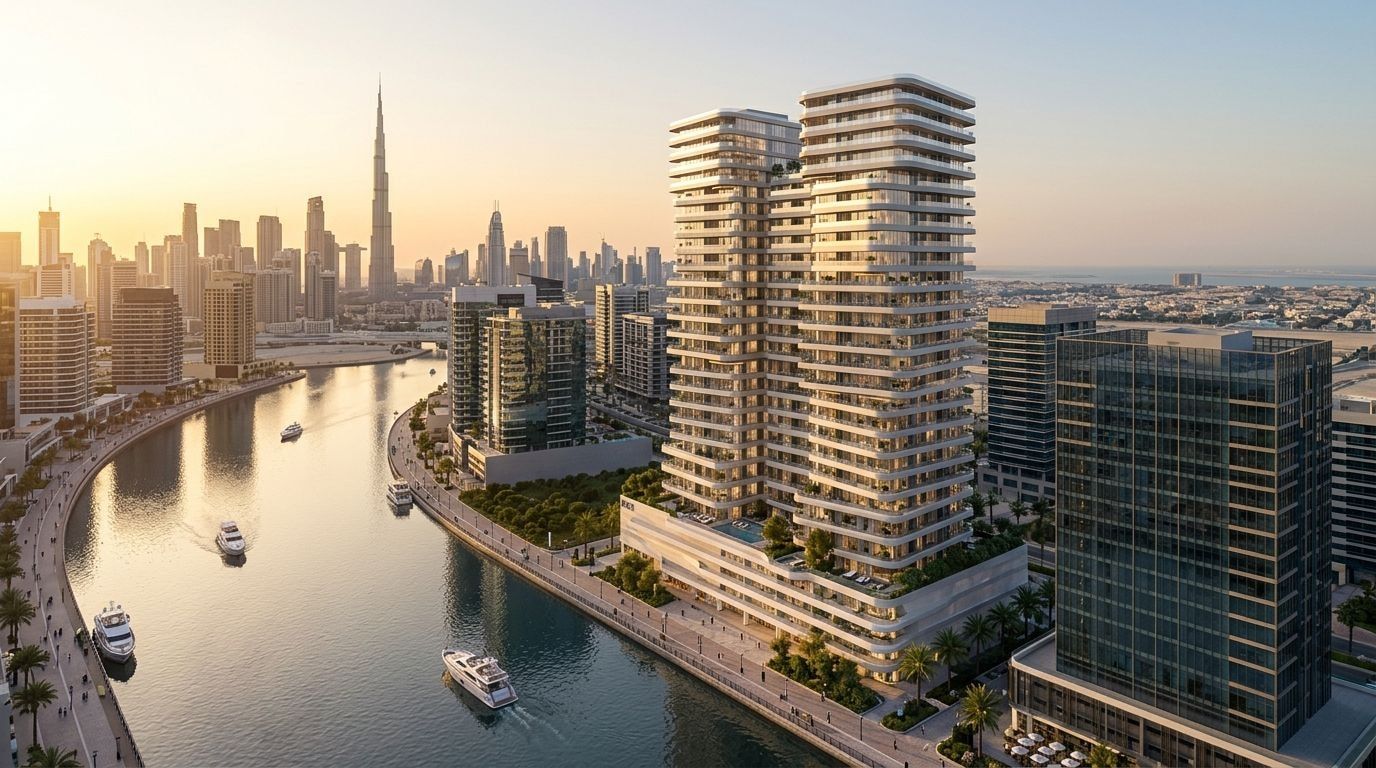 Wieża DG1 Living nad Kanałem Dubajskim w Business Bay o zachodzie słońca