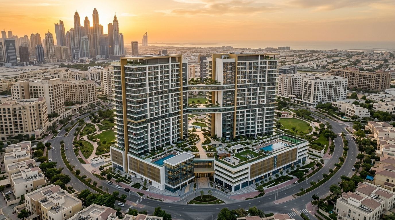 Nowoczesny apartamentowiec Levanto w Jumeirah Village Circle o zachodzie słońca