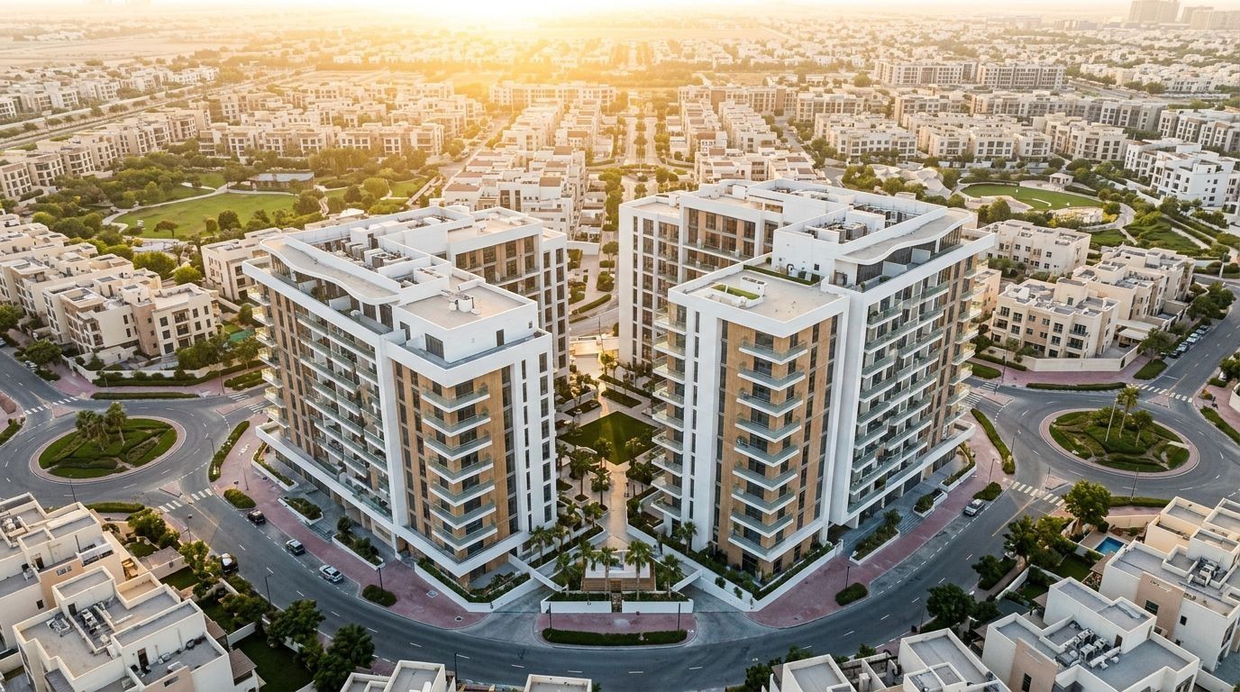 Skandynawski w stylu budynek Stonehenge Residences II w JVC o zachodzie słońca